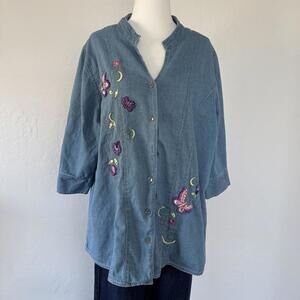 Y2k butterfly embroidered denim button up top